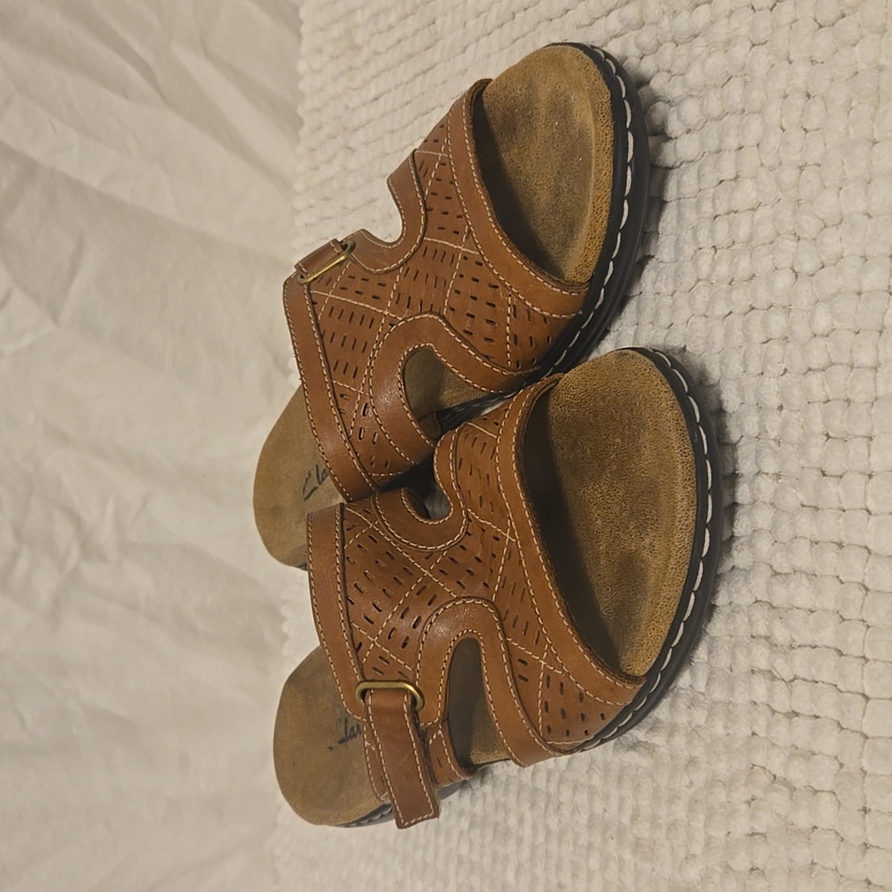 Clarks Brown Leather Open Toe Slip On Slide Sandals Womens Size 9